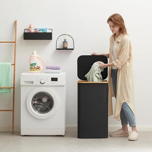 Lifewit 100L Laundry Basket with Lid, Clothes Hampers for Laundry with Bamboo Handles and 1 Removable Bag, Large Foldable Laundry Hamper for Bedroom, Bathroom, Dorm, Laundry Room, Black thumbnail 2