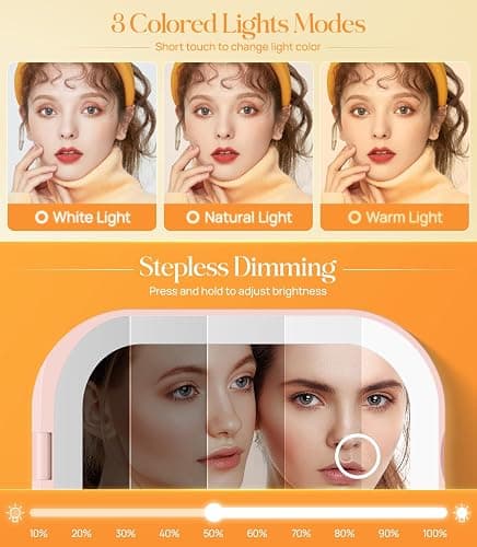 Gospire Lighted Travel Makeup Mirror with Light and Magnification 1X/3X, Stepless Dimming and 3 Color Adjustable Lights, Rechargeable Battery and Compact Size for Purse and Portable Use - Light Pink thumbnail 4