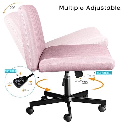 PUKAMI Criss Cross Chair with Wheels,Fabric Padded Armless Cross Legged Office Desk Chair for Home Office,Modern Swivel Height Adjustable Wide Seat Computer Task Vanity Chair(Pink) thumbnail 7