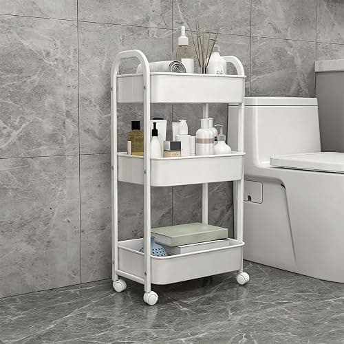 Goxeon 3-Tier Rolling Utility Cart with Caster Wheels,Easy Assembly, for Kitchen, Bathroom (White) thumbnail 6