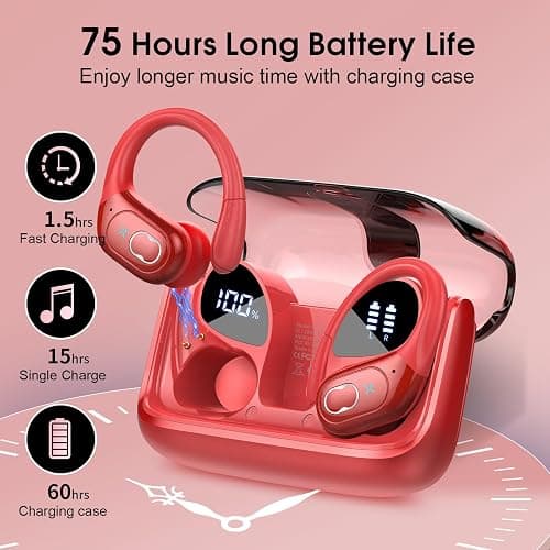 Aptkdoe Wireless Earbuds 75hrs Bluetooth 5.4 Headphone Sport, 2025 Bluetooth Earbuds Stereo Deep Bass Over Ear Bud with Earhooks, ENC Noise Cancelling Mic, IPX7 Waterproof Earphone, Red thumbnail 2