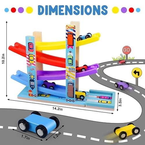 Montessori Toys for Toddlers, Children Race Track Toy with 4 Cars and 1 Wooden Parking Lot, Stable Base, Car Ramp Toy for 1 2 3 Year Old Boy Girl Gifts thumbnail 2