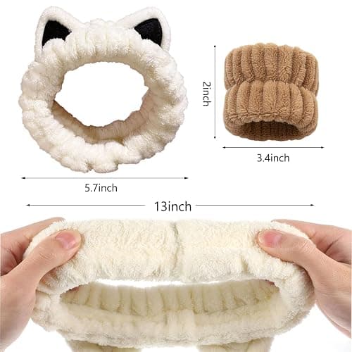 Cat Ears Headband, Cute Spa Headband and Wristband Set Washing Face Skincare Makeup Headbands for Women Girls Trendy Stuff Present Soft Coral Fleece Hair Accessories(1Beige+2Khaki) thumbnail 6
