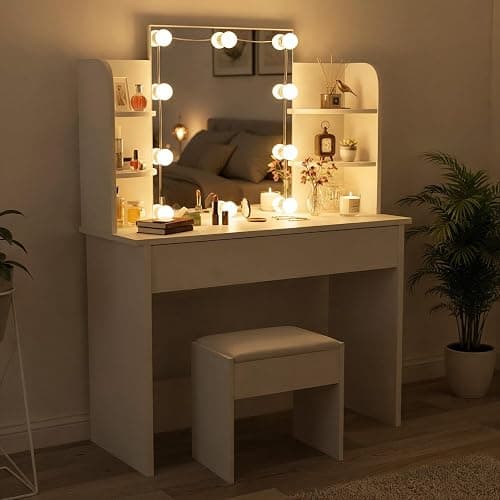 Juskys Schminktisch mit Beleuchtung und Spiegel, Vanity Table, Schublade & 4 Ablagefächern - Holz - Weiß - Kosmetiktisch Frisiertisch - Image 1