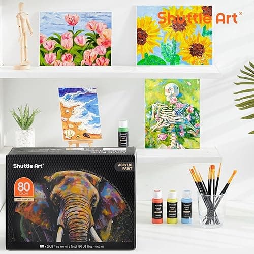 Shuttle Art 80 Colors Acrylic Paint, Acrylic Paint set with 12 Paint Brushes, 2oz/60ml Bottles, Rich Pigmented, Premium Paints for Artists, Beginners and Kids on Canvas Rocks Wood Ceramic thumbnail 9