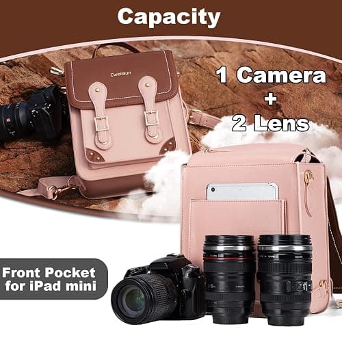 Cwatcun Camera Bag for Women, Retro Camera Crossbody Case, Vintage PU Leather Waterproof Camera Backpack, Lightweight Camera Handbag, Compatible with Canon/Nikon/Sony SLR/DSLR Mirrorless Camera, Lens thumbnail 3