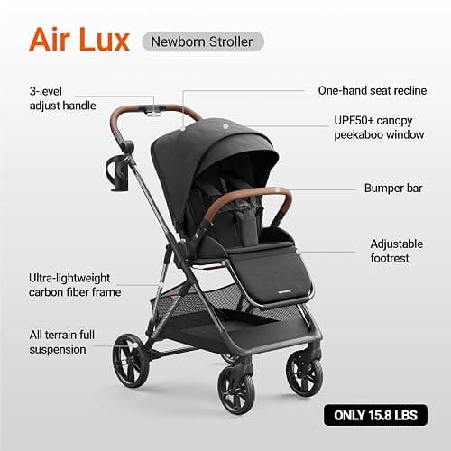 MAMAZING Air Lux Baby Stroller with Bassinet from Newborn to 50 lbs, Strength Carbon Fiber Frame Only 15.8lbs, Bassinet Stroller Included Reversible Seat, Car Seat Adapter & Large Storage Basket thumbnail 6