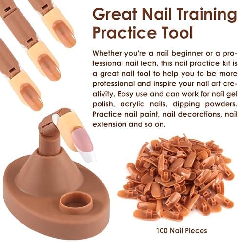 Acrylic Nail Practice Finger Kit, BORNBYME Acrylic Nail Training with 1 Base Stand, 3 Adjustable Fake Fingers, 100 Brown Nail Tips, Movable Training Nail Practice for Nail Beginner… thumbnail 6