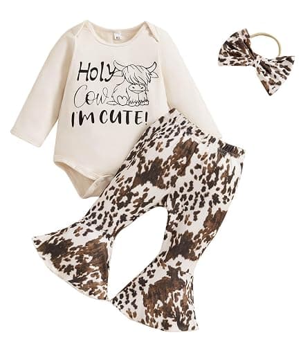 TheFound Infant Baby Girl Clothes Newborn Ruffle Long Sleeve Ribbed Romper Print Bell Bottom Toddler Baby Fall Winter Outfit - Image 1
