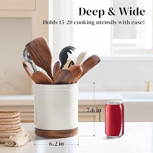 DOWAN 7.6" 360° Rotating Utensil Holder, Kitchen Utensil Holder for Countertop,Large Ceramic Utensil Crock for Kitchen Counter, Protection Cork Bottom, White thumbnail 3