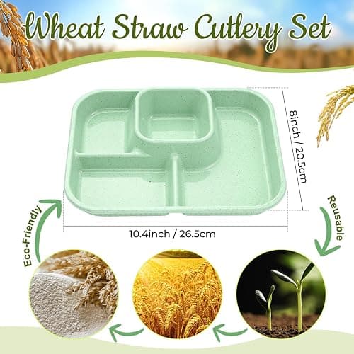 Pinkunn 8 Pcs 10'' Divided Plates Unbreakable Wheat Straw Dinnerware Lunch Trays Lightweight Reusable Plastic Compartment Microwave Dishwasher Safe Separator Plates (Green, Purple, Pink, Yellow) thumbnail 3