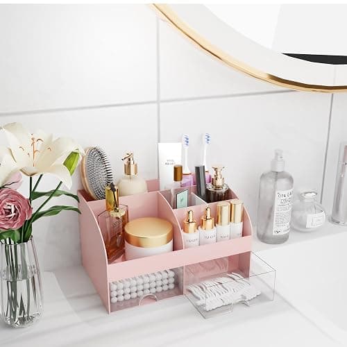 Makeup Organizer with Drawers, Cosmetic Storage for Dresser Vanity and Bathroom Countertop, Beauty Holder for Lipstick Brush, Skincare Organizer for Vanity, Cosmetic Display Case (Pink) thumbnail 5