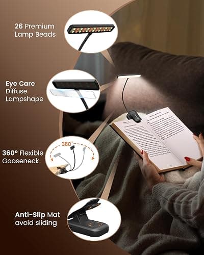 Glocusent 26 LED Book Light, 1200 mAh 90 Hrs Lasting Rechargeable Reading Light, 5 Amber Colors & Stepless Dimming Book Reading Light - Portable Clip on Light for Book Lovers Kids thumbnail 6
