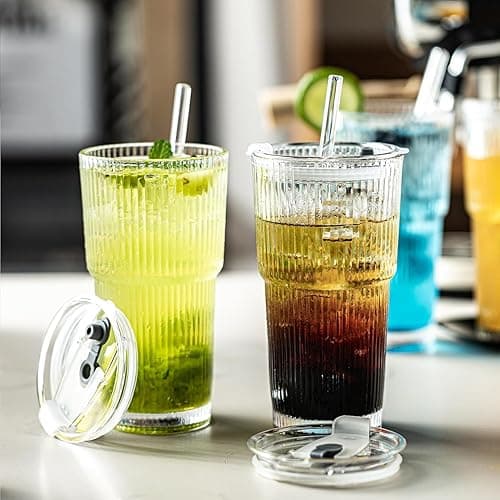 Snextek 20oz Glass Tumblers with Lids and Glass Straws, Thickened for Iced Coffee, Smoothies,Cocktails and Juices-Elegant Durable for Home, Office,Travel (Clear) thumbnail 6