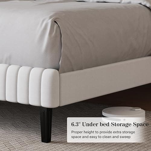 BarnFurin King Size Bed Frame with Adjustable Headboard/Velvet Upholstered Platform Bed with Vertical Channel Tufted Design/No Box Spring Required/Easy Assembly/White thumbnail 5
