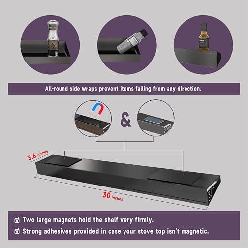 STUTOV 30" Magnetic Stove Top Shelf – Black Spice Rack and Seasoning Organizer – Magnetic Kitchen Shelf for Back of Stove – Over Stove Rack and Storage Organizer thumbnail 2