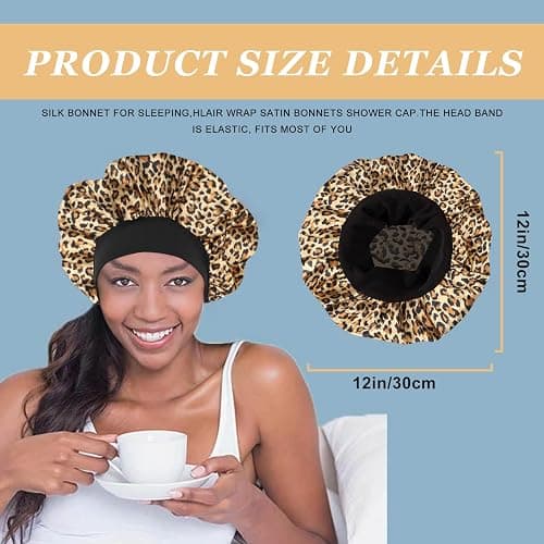 4PCS Silk Hair Bonnet for Sleeping,Hair Wrap Satin Bonnets Shower Cap for Black Women Men, Elastic Wide Band Hair Bonnet Cap for Sleeping Curly Hair(Black & Wine Red & Purple Print & Leopard Pattern) thumbnail 2