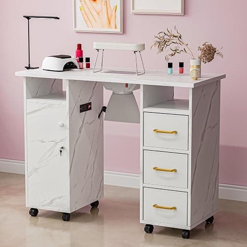 Belandi Manicure Table Nail Station with Charging Station, Marbling Texture Nail Tech Table Nail Table Station w/Dust Collector, Power Outlets, LED Lamp, Non-Woven Drawers & Wrist Cushion(White) - Image 1
