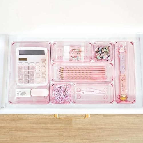 Kitchen Desk Drawer Organizers Storage for Office, Small Acrylic Vanity Trays Makeup Organizer for Drawer Bathroom Plastic Make up Organizers 25 Pcs Pink thumbnail 8