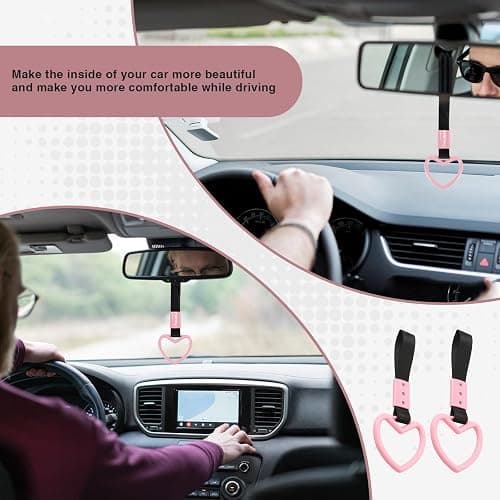 JRYEM 2PCS Heart Shaped Car Handle Straps, Rear Bumper Warning Keychain Ring with Drift Charm for Car Exterior Interior Accessories (Pink) thumbnail 4