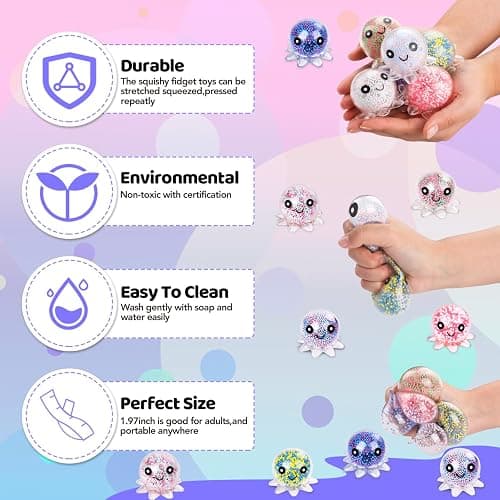 VESPRO 12 Pack Fidget Stress Balls for Adults, Cute Octopus Stress Relief Sensory Stress Ball, Bulk Squishy Squeeze Ball Toys Set for Classroom Prizes and Birthday Party Favors thumbnail 6