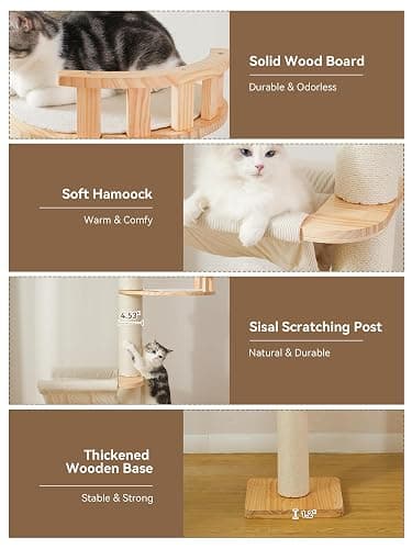Floor to Ceiling Cat Tree, 5-Tier Adjustable Height(88-126in) Solid Wood Climbing Tower with Sisal Scratching Post, Transparent Capsule and Cozy Hammock thumbnail 3