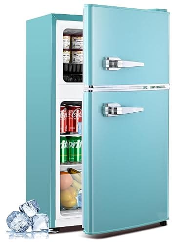 Anypro 3.2 Cu.Ft Refrigerator, Retro Double Door Fridge with Freezer, 7 Adjustable Temperature Settings, Removable Glass Shelves for Dorm, Office, Bedroom, Apartment, Blue - Image 1