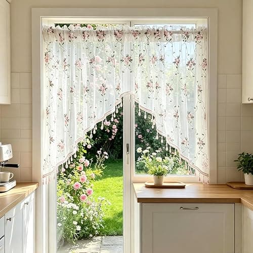 1PC Victorian Style Floral Sheer Swag Curtain Valance for Arched Door | Pink Embroidered Window Treatment with Beaded Trim, Rod Pocket Light Filtering Tier Curtain for Kitchen Princess Bedroom thumbnail 9