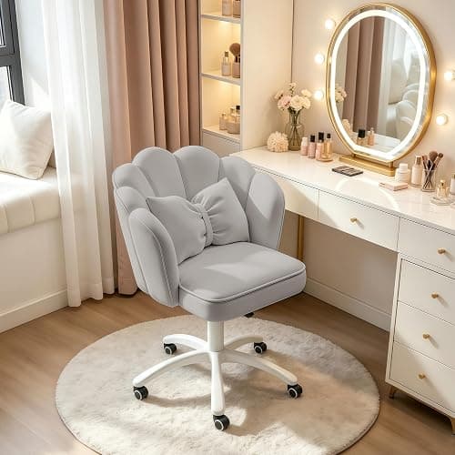 XUEGW Petal Desk Chair with Bow Cushion Velvet Vanity Chair with Wheels, Upholstered Home Office Chair for Girls Women, Mid-Back Swivel Computer Task Chairs for Living Room Bedroom thumbnail 8