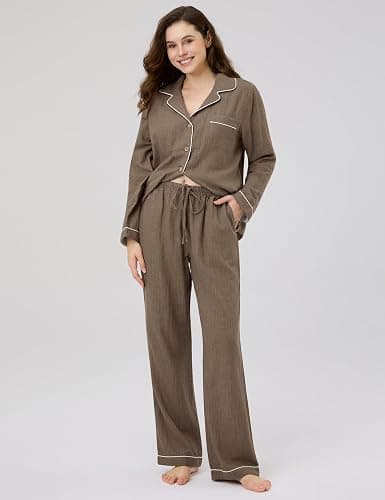 CLOUDCOVE Pajamas for Women Set 100% Gauze Cotton Linen Feel Pajama 2 Piece Sleepwear Nightwear Soft Button Pjs Lounge Set thumbnail 4