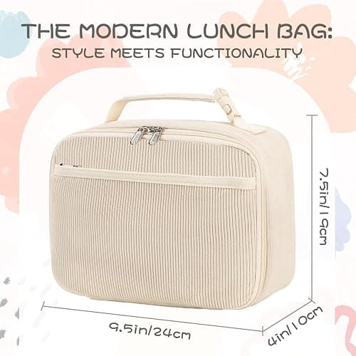 GODWOODS Cute Lunch Bag for Women & Men Corduroy Small Lunch Box with Cooler & Organizer Compartments Insulated Lunch Tote Bag for Travel Work (Beige) thumbnail 3
