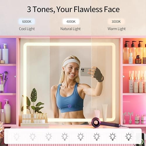 Big Vanity Desk, Fluted Makeup Vanity with Mirror Lights, Pink Vanities | Large, Charging Station, Sound Sync Chasing LED Lights, Wood Vanities, Luxury Glass Cabinets, 8 Drawers, Girls, Women thumbnail 5