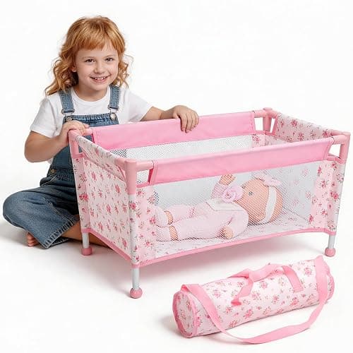 Baby Doll Crib for 12-18 Inch Dolls, Chyyeerkidd Pack and Play Pink Floral Baby Doll Bed with Carry Bag, Travel-Friendly Reborn Baby Doll Accessories for Girls Ages 3+, Easy Assembly (White) - Image 1