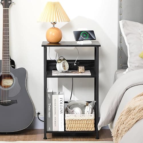 AMHANCIBLE Record Player Stand with Charging Station, Turntable Stand with Storage Cabinet, 3 Tier End Table Hold Up to 100 Albums, Record Stand for Vinyl, Living Room, Black, HETCD01BK-1 thumbnail 7