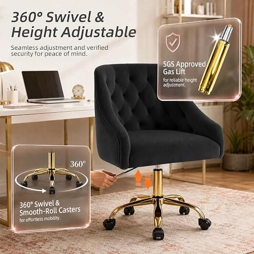 MOJAY Velvet Office Swivel Chair, Vanity Chair, Fabric Desk Chair, Pretty Fancy Chair, Gold Office Chair for Girls, 360°Swivel Height Adjustable Reception Chair (Black) thumbnail 6