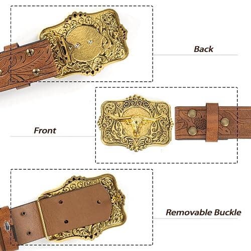 Mawjom Western Cowboy PU Leather Belt - Men Waist Strap Bull Decoration Floral Engraved for Jeans 25" to 38" Waist thumbnail 2