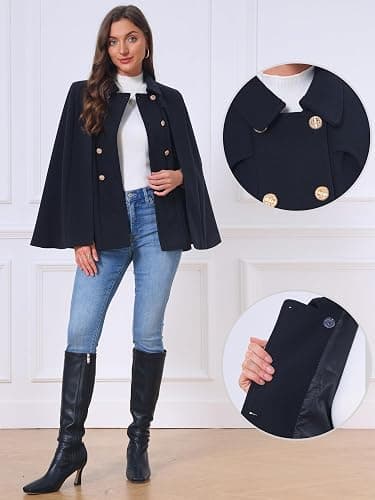 Allegra K Womens Cape Coat Winter Vintage Double Breasted Cloak Outwear | Slit Sleeve Elegant,Relaxed Cloak,Classic Peacoat,Winter Wrap with Pockets,Soft Overcoat,Business Casual Wear thumbnail 4