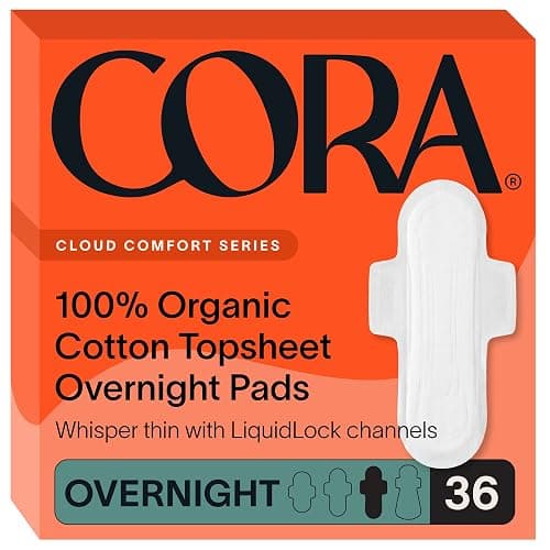 Cora 100% Organic Cotton Topsheet Pads (36 Overnight Pads) | Heavy Absorbency Period Pads with Wings, Made Without Harsh Chemicals, 100% Organic Cotton Topsheet Feminine Care - Image 1