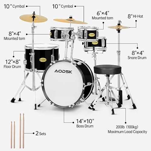 AODSK 5 drums & 3 cymbals 14 Inch Drum Set, Complete Kit w/Throne & Sticks | All Hardware Included, Adjustable Stool, Bass Pedal, Perfect for Young Beginners, Music Class, Holiday Gift, Easy Setup thumbnail 5