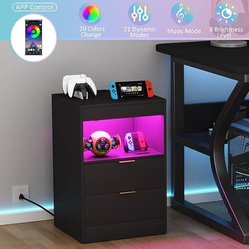 Yusong LED Nightstand Bedside Table with Charging Station 2 Drawers, Black Modern Sofa Couch End Side Table with Lights, Invisible Lock and Pull-Out Shelf for Bedroom Living Room thumbnail 8