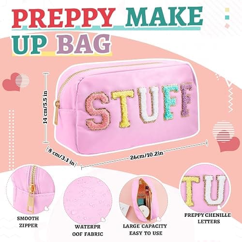 Shinylin 2 Pcs Preppy Chenille Letter Duffle Bag and Makeup Pouch, Travel Tote Bag Cosmetic Zipper Patch Makeup Bag (Pink) - Pink thumbnail 4