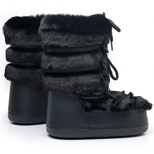 ZHENAIYISHENG Furry Faux Fur Boots for Women - Fuzzy Winter Snow Boots - Fluffy Black White Pink Fur Boots - Lace-up Mid-Calf Water-Resistant Platform Boots thumbnail 8