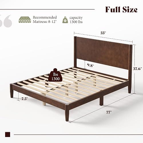 AMERLIFE Solid Wood Full Bed Frame, Mid Century Bed with Headboard, Walnut | Platform Bed with Full Panel Headboard, Noise-Free & Cylindrical Legs, No Box Spring Needed, Under-Bed Storage thumbnail 2