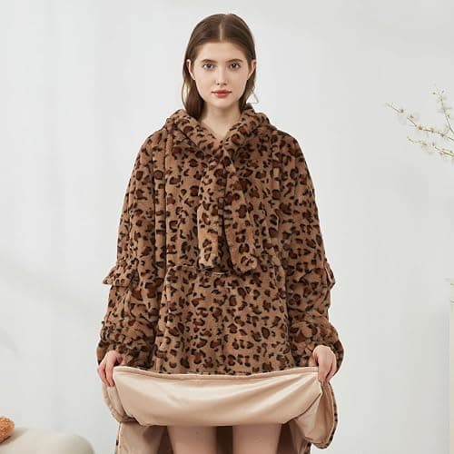Softan Blanket Hoodie, Oversized Wearable Blanket for Adult Women and Men Gifts, Super Cozy Warm and Soft Hooded Blanket Sweatshirt, Brown Cheetah Print Faux Fur Blanket Sweatshirt with Large Pocket thumbnail 2