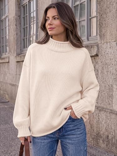 Trendy Queen Womens Oversized Sweaters Mock Neck 2026 Fall Knit Outfits | Winter Chic Fashion, Long Sleeve Tunic, Rolled Edge Pullover, Comfy Cozy Slouchy Fit, Versatile Cute Casual Clothes thumbnail 2
