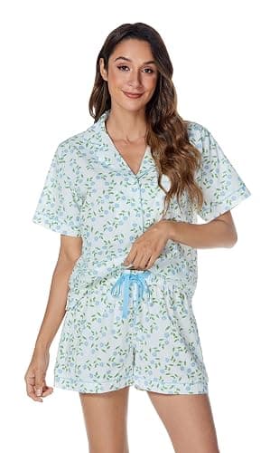 LUBOT 100% Cotton Pajamas for Women 2 Piece PJ Set Woven Poplin Ladies Button Down Short Sleeve Summer Sleepwear S-XXL thumbnail 4