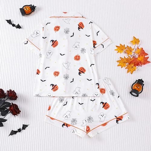 Halloween Pajama Sets for Women 2 Piece Ghost Pumpkin Print Shirts and Pajamas Shorts Button Down Short Sleeve Sleepwear thumbnail 3