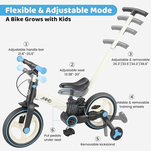 JMMD 6 in 1 Toddler Bike with Push Handle for Kids 18-60 Months, 12" Foldable Balance Bike with Training Wheels, Pedals, Brakes, Kickstand, Push Tricycle Toddler Gift & Toys for Boy & Girl thumbnail 4