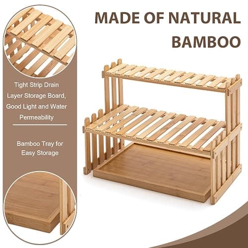Kathfly 14.6 2-Tier Matcha Station Shelf Stand with 13 Bamboo Matcha Tea Serving Tray Coffee Station Organizer Coffee Bar Storage Rack Mug Holder Countertop for Tea Desktop Flower Pot Cup Display thumbnail 4