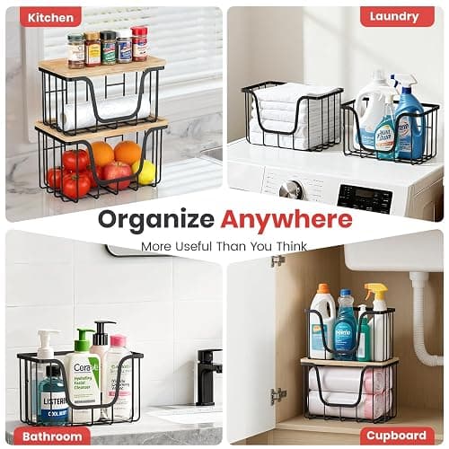 KONE Large Trash Bag Holder, 2 Pack Garbage Bag Dispenser, Storage Stackable Kitchen Organizer with Bamboo Top, Wall Mount Laundry Pantry Organization Black thumbnail 6